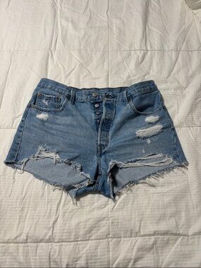 Levi's Ripped Light Blue Denim Shorts 501